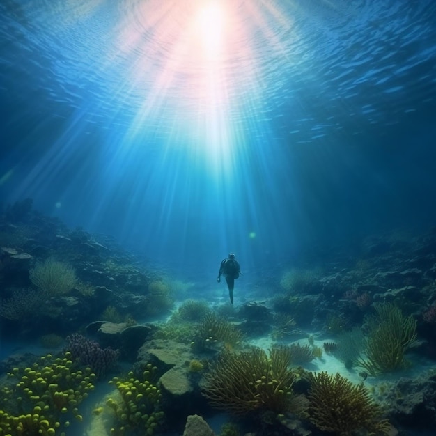 An underwater scene with a scuba diver