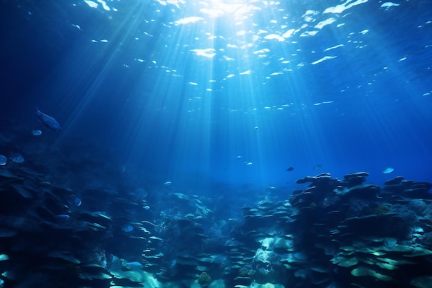 Underwater scene with sun rays and school of fish in blue water