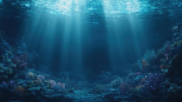 Underwater Scene With Sunbeams and Coral Reef