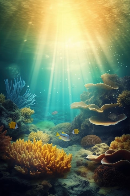 Underwater scene with a sunburst and fish