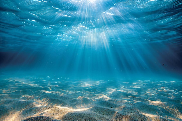 underwater scene with sunlight and sand under water with sunlight shining on the surface