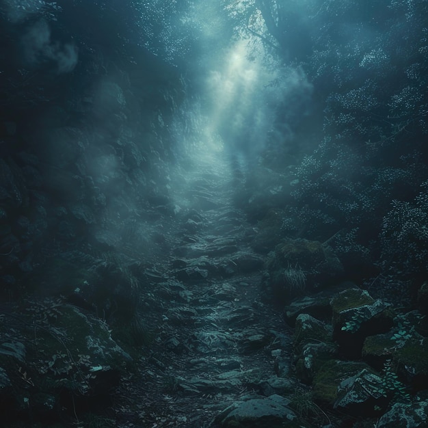 a underwater scene with a trail in the water and a trail of light