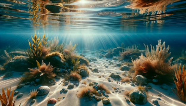 Underwater scene with vibrant marine plants seashells on sandy seabed beams of light piercing through water surface calming concept Generative AI