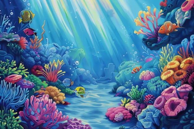 An underwater scene with whimsical marine life and bright corals