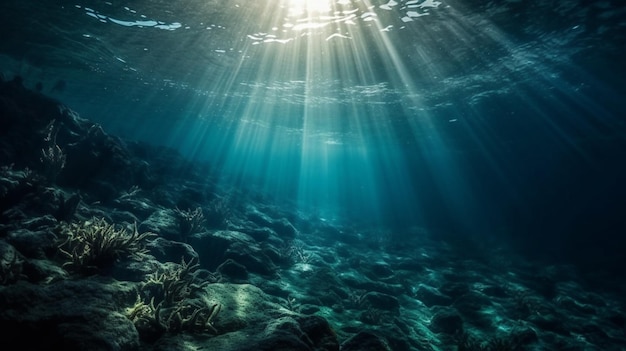 Underwater Sea Deep Water Abyss With Blue Sun light