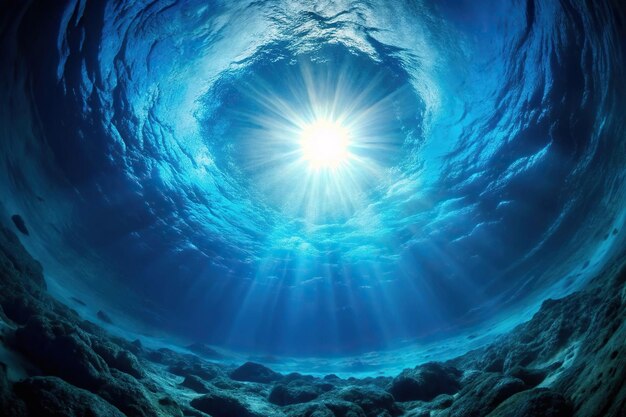 Photo underwater seascape with blue sunlight filtering through the depths showcasing a unique worm39s eye view