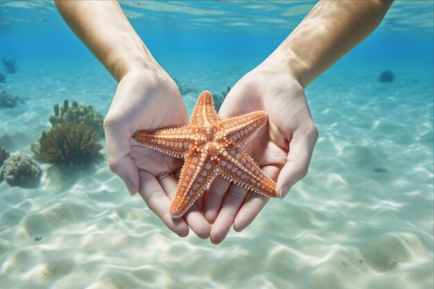 Photo underwater serenity embracing beauty with a handheld starfish on a coral reef