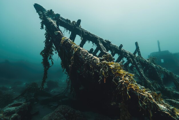 Underwater shipwreck covered in seaweed showcasing marine life and decay