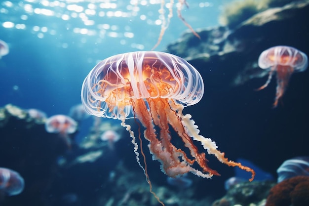 Underwater shot of a beautiful australian spotted jellyfish close up