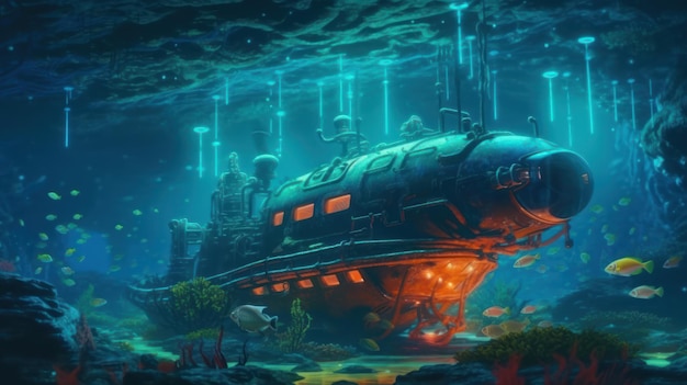 An underwater submarine in the ocean.