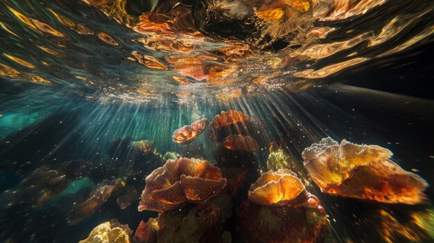 Photo underwater sunbeams illuminate colorful coral reefs