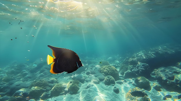 Underwater Sunlight Illuminates a Black and Yellow Fish