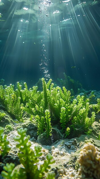 Photo underwater sunlight rays on lush green seaweed in clear ocean water