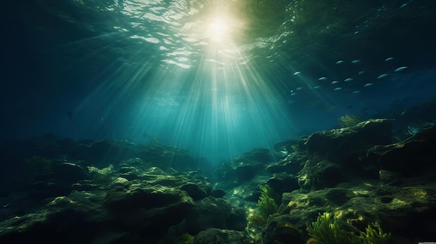 Underwater sunlight through the water surface seen from a rocky seabed with algae Generative AI