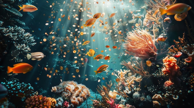 Underwater tableau with fish and coral reefs decorated with golden coins backdrop