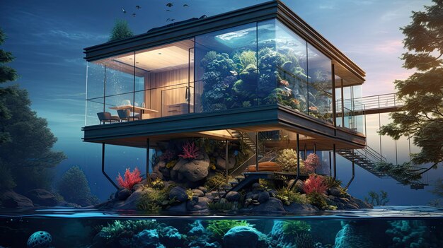 Photo underwater tourist house aquarium hotel room waterproof diving attraction ai generated