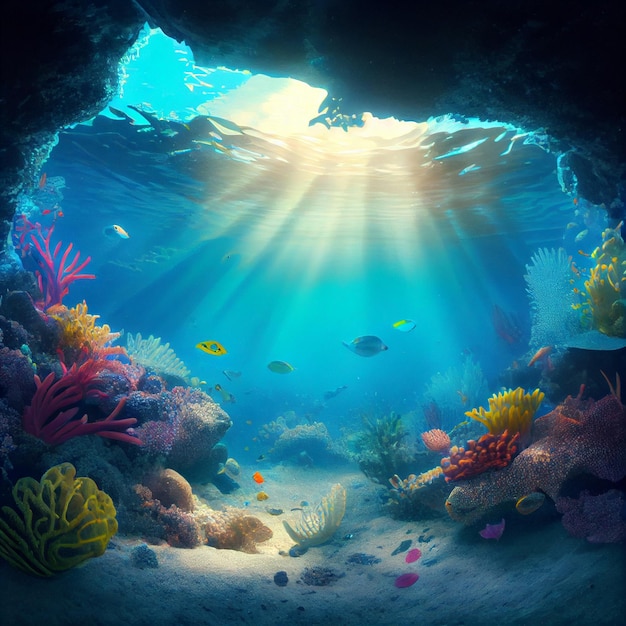 Underwater Tropical Seabed with Reef and Sunshine