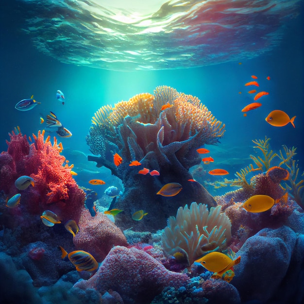 Underwater Tropical Seabed with Reef and Sunshine