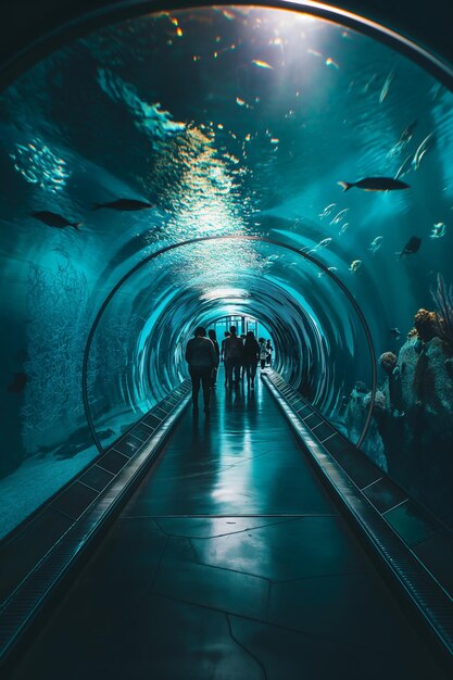 Underwater Tunnel Aquarium with People Walking Through Surrounded by Marine Life