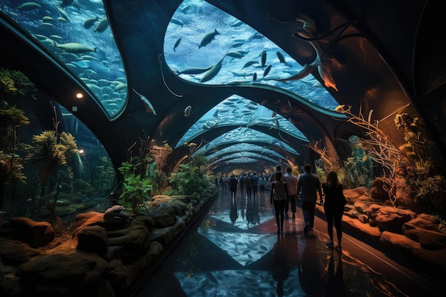 Underwater tunnel at Ripley's Aquarium with an exotic marine life generative IA