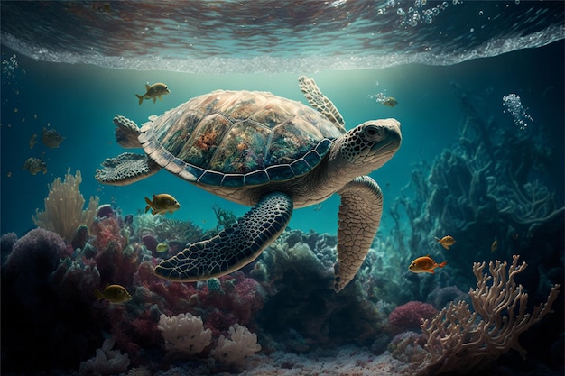 Underwater turtle swimming in sea. detailed image with Generative AI technology