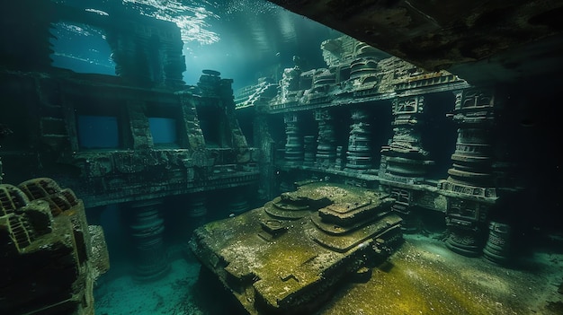 Photo an underwater view of an ancient sunken city with overgrown stone structures and columns