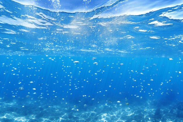 Underwater view of the blue sea with bubbles Underwater background