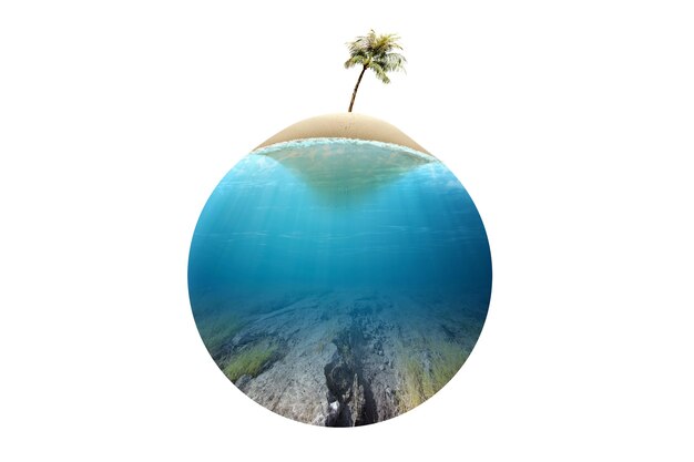 Underwater view of blue water on the ocean with the little island. Environment concept