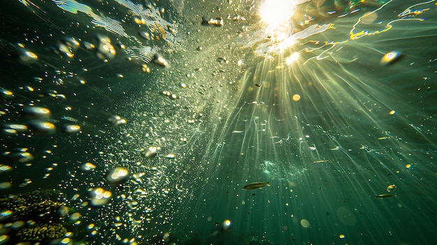 Photo underwater view of bubbles and the sun