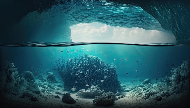 An underwater view of a cave with a cave in the bottom and a fish swimming in the bottom.