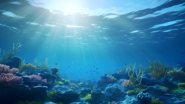 Underwater view of the coral reef and tropical sea with sunlight