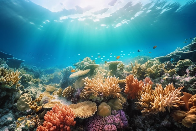 Underwater view of a coral reef with fish swimming in the water