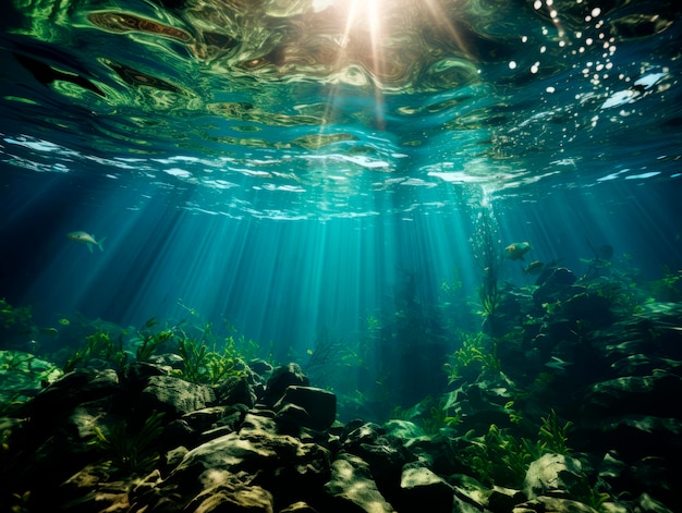 Underwater view of the coral reef with sun rays coming through the water Generative AI