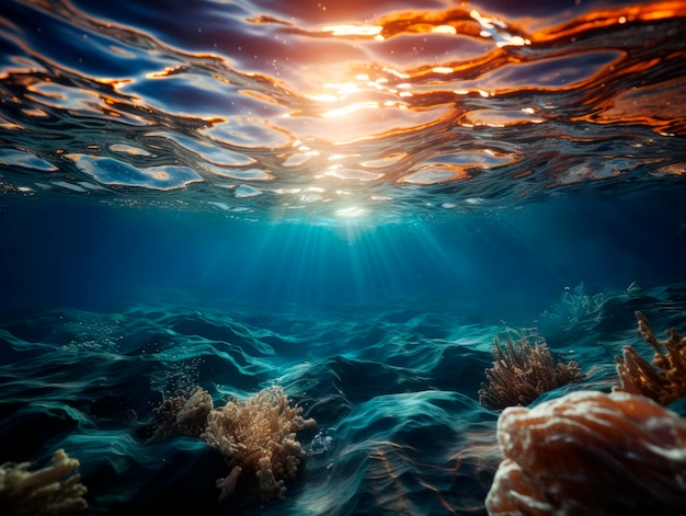 Underwater view of coral reef with sunlight Generative AI