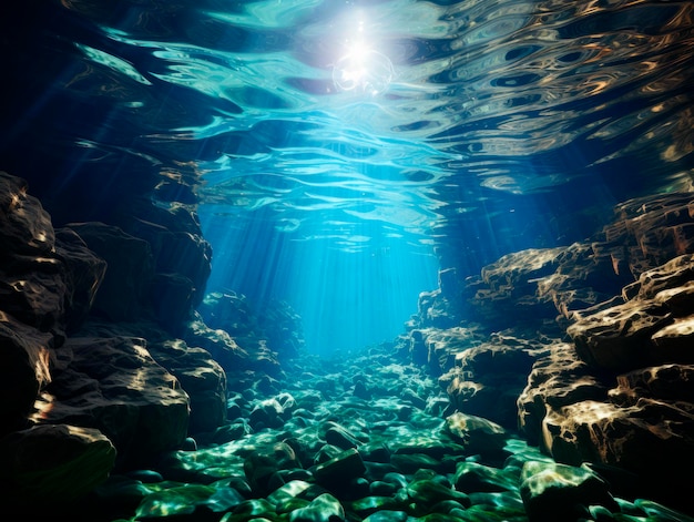 Underwater view of the dark blue sea with rocks and sun rays Generative AI