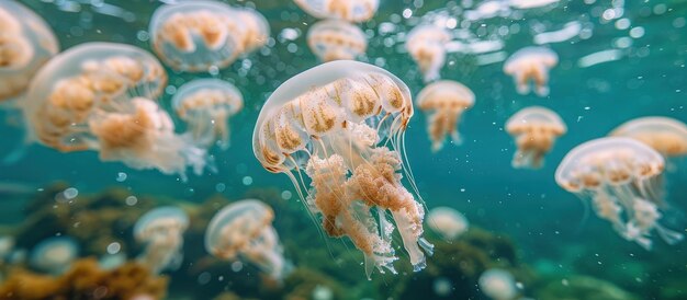 Underwater View of Jellyfish in Clear Blue Ocean with Coral Reefs in Background