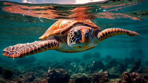 Underwater view of a magnificent sea turtle gracefully swimming Generative AI