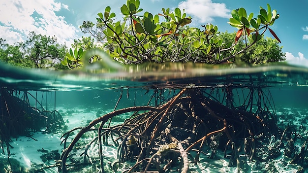 Photo underwater view of mangrove roots and the ecosystem