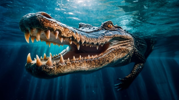 Underwater view a menacing crocodile lurks Generative AI