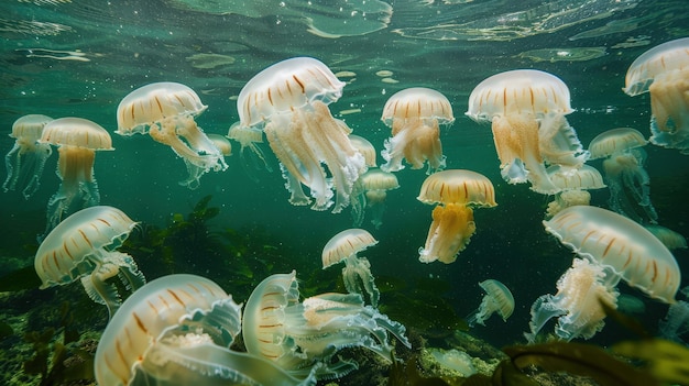 Underwater View of Numerous Jellyfish Swimming Gracefully in a Clear Ocean with Seaweed in the Background