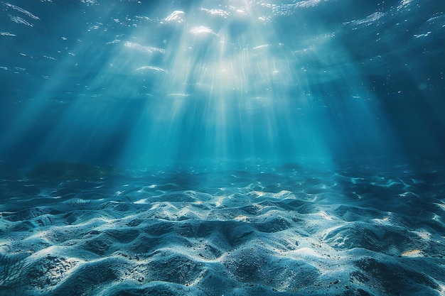 Underwater view of the ocean floor with light rays filtering through creating an ethereal and seren