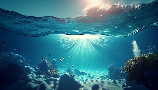 An underwater view of the ocean and the sun shining through the water