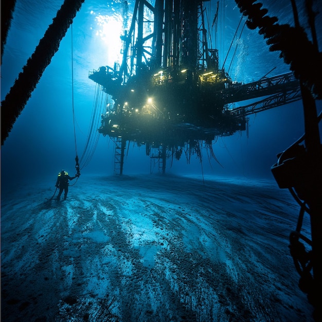 Photo an underwater view of an offshore drilling rigs operations