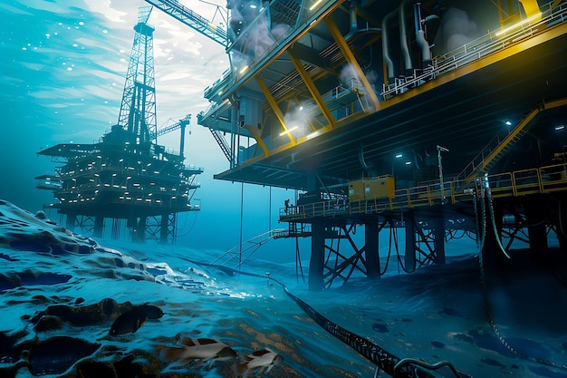 Photo underwater view of offshore oil drilling platform with marine life and moody blue lighting