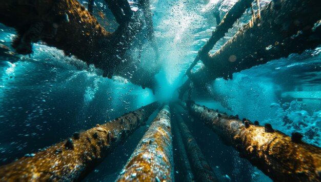 Underwater view of oil and gas pipelines with sunlight filtering through water creating a vivid and industrial scene