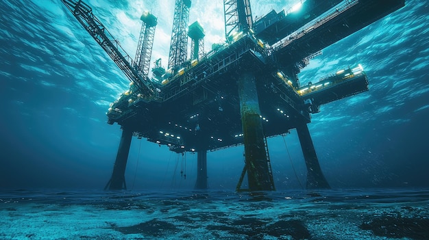 Photo underwater view of an oil platforms foundation showcasing its structure and depth