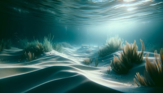 Underwater view of sandy sea bottom with aquatic plants Tranquil and serene Generative AI