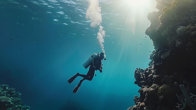 Underwater view of a scuba diver exploring a coral reef The diver is