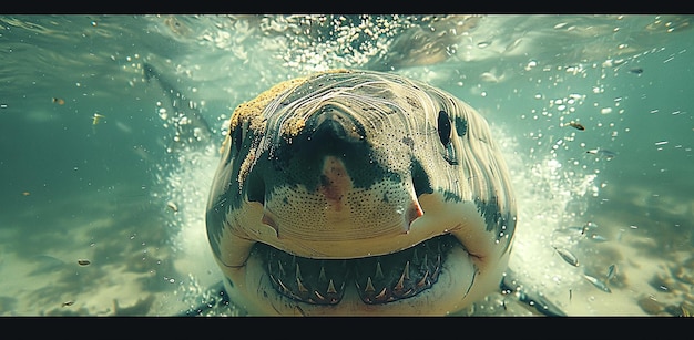 Underwater view of a sea turtle swimming towards the camera with sunlight filtering through the water