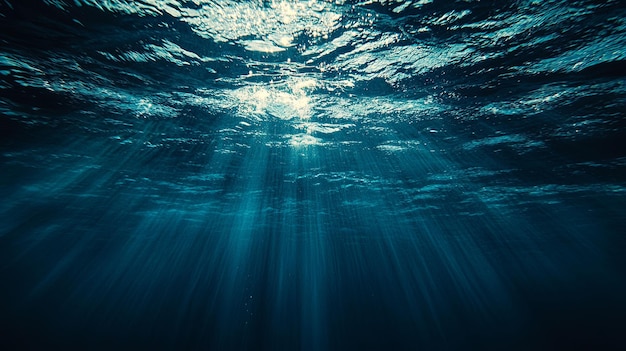 Underwater View of Sunbeams Piercing Through Dark Blue Water